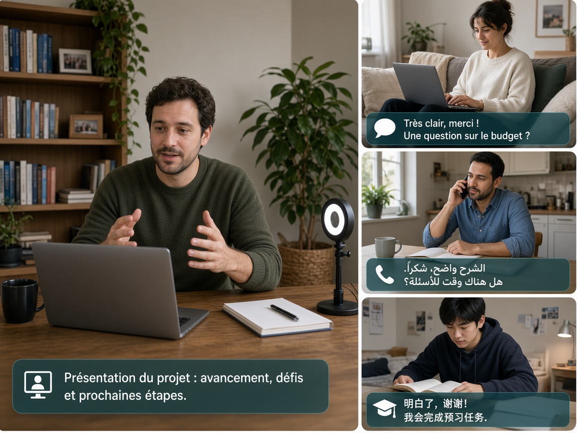 Speaker in a private office with remote home attendees reading multilingual captions