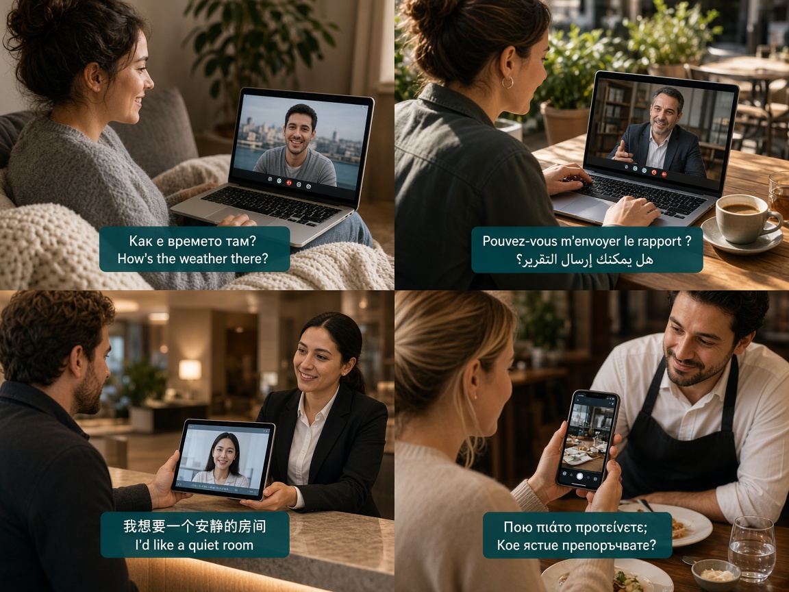 Everyday HaikoLink moments: couple on a video call, café nomad, hotel check-in, restaurant order with live captions