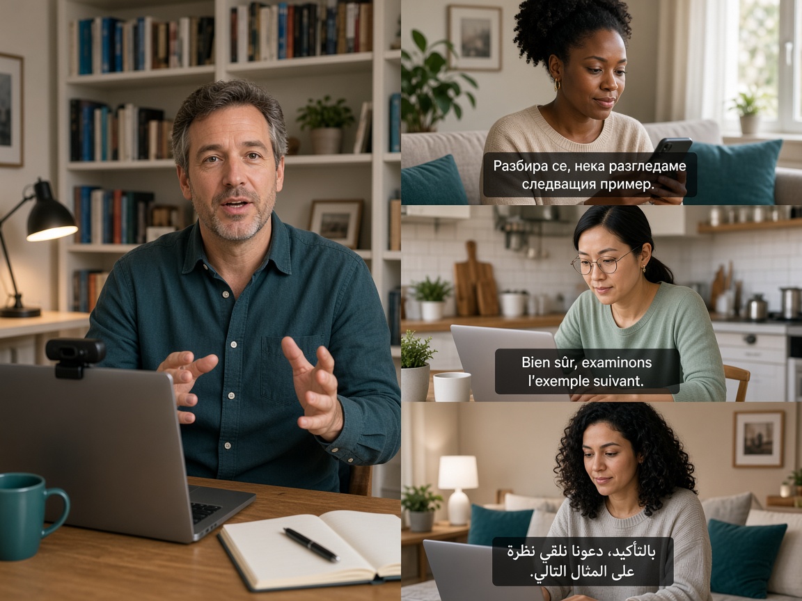 Lecturer in a home office while remote listeners follow captions at home