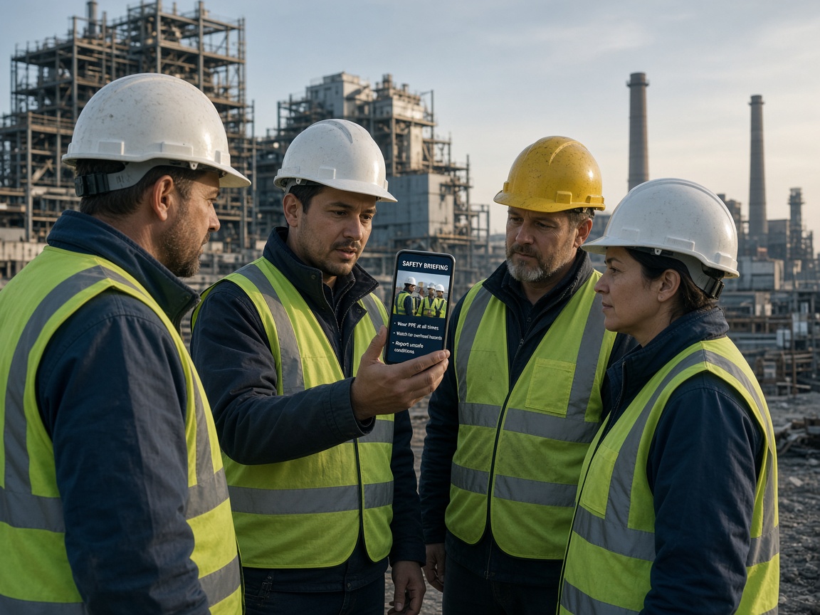 Multinational construction crew receiving a multilingual safety briefing on a smartphone
